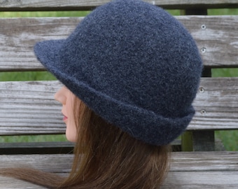 Classic 1920’s hand felted wool cloche hat. Dark Charcoal.   Ready to Ship.