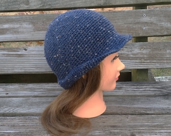 Lightweight, Handmade. Wool. Tweed. Packable Narrow Brimmed Cloche Hat.  Denim blue.  Size Small, Medium, Large.