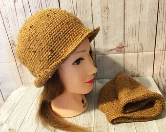 Handmade. Wool. Tweed. Packable Narrow Brimmed Cloche Hat.  Mustard. Amber. Gold.  Size Small, Medium, Large.