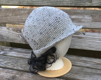 Lightweight, Handmade. Wool. Tweed. Packable Narrow Brimmed Cloche Hat.  Oatmeal.  Size Small, Medium, Large.