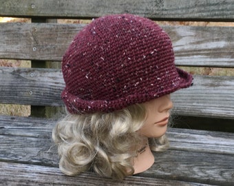 Lightweight, Handmade. Wool. Tweed. Packable Narrow Brimmed Cloche Hat.  Cranberry.  Size Small, Medium, Large.