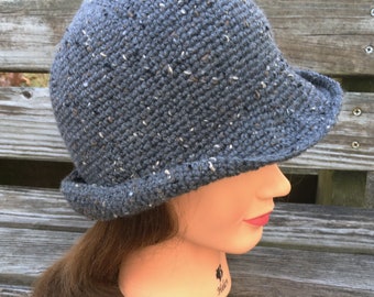 Lightweight, Handmade. Wool. Tweed. Packable Narrow Brimmed Cloche Hat.  Charcoal.  Size Small, Medium, Large.