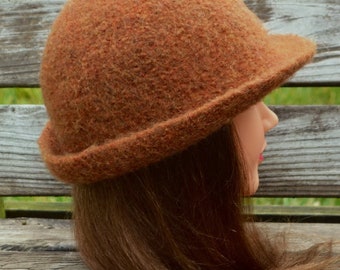 Classic 1920’s hand felted wool cloche hat. Pumpkin Spice.  Ready to Ship.