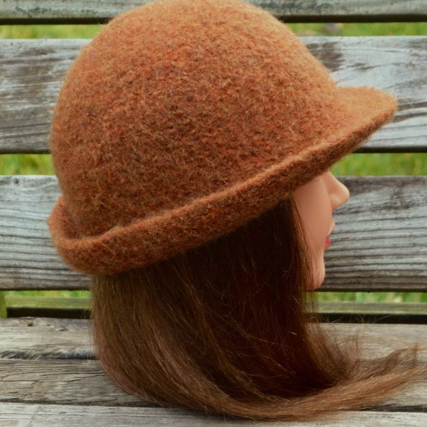 Classic 1920’s hand felted wool cloche hat. Pumpkin Spice.  Ready to Ship.