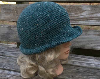 Lightweight, Handmade. Wool. Tweed. Packable Narrow Brimmed Cloche Hat.  Evergreen.  Size Small, Medium, Large.