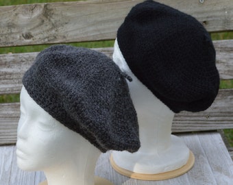 French Style Beret Charcoal or Black. Crochet. Small Medium Large.  Ready to Ship.