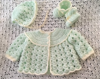 Pale, soft green crocheted baby set. Cardigan, Bonnet, Booties.  Infant Sweater Set size 0-3 months,  New baby, Baby Shower Gift