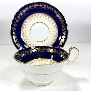 Aynsley Georgian Cobalt Footed Tea Cup and Saucer Set Cobalt Blue and Gold Bands