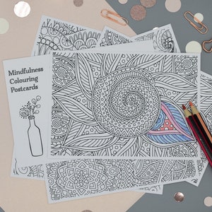 MINDFULNESS COLOURING POSTCARDS Set 1 | Colouring Pages | Adult colouring | Mental Health | Zentangle | Anxiety Relief | Mandala | Self Care