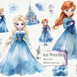Gefrorene Eisprinzessin Aquarell Clipart, gefrorene Clipart, Elsa Anna Mädchen, Schneemann, Schloss, Baum, 15png-Dateien mit transparentem Hintergrund