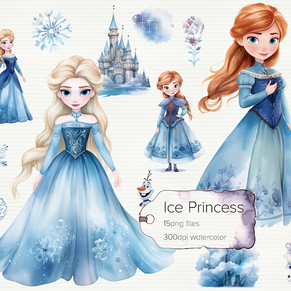 Imágenes prediseñadas de acuarela de princesa de hielo congelada, imágenes prediseñadas congeladas, niña Elsa Anna, muñeco de nieve, castillo, árbol, archivos de 15 png con fondo transparente