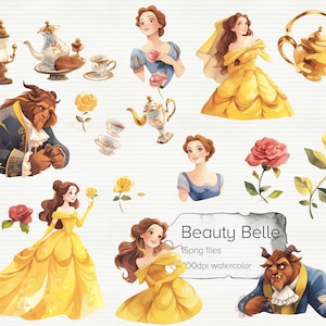 Bellezza principessa Belle acquerello Clipart, Clipart da favola, ragazza Belle, bestia, rosa, vaso, file 15png con sfondo trasparente