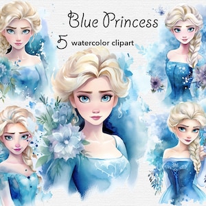 Frozen Princess watercolor Clipart, Frozen Clipart, Elsa girl, flowers, 5png files with Transparent Background