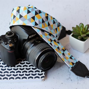 Geometric nordic style camera strap. Padded reflex camera strap. Vegan camera strap