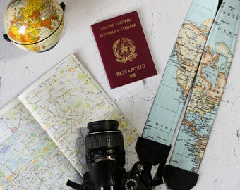 World map camera strap. Padded reflex camera strap. Vegan unisex camera strap