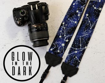Glow in the dark Constellation camera strap. Padded reflex camera strap. Vegan camera strap