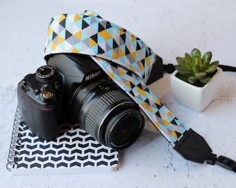 Geometric nordic style camera strap. Padded reflex camera strap. Vegan camera strap