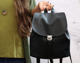 Black vegan backpack. Black bucket backpack. Women backpack purse