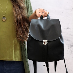 Black vegan backpack. Black bucket backpack. Women backpack purse image 1