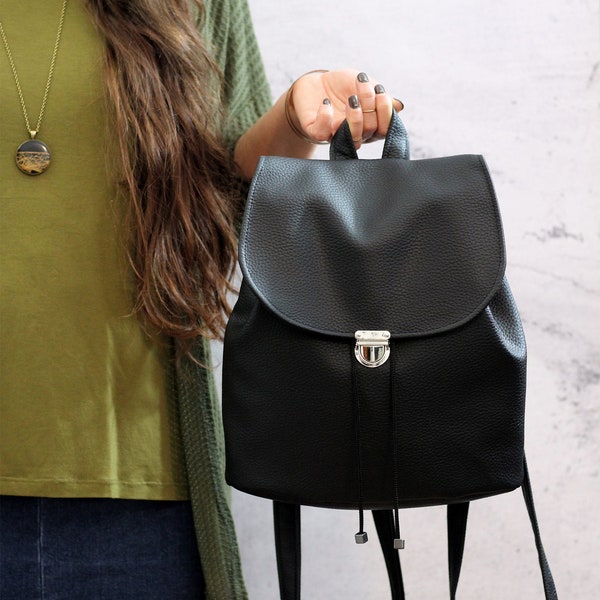 Black vegan backpack. Black bucket backpack. Women backpack purse