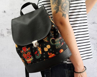 Black Sailor Jerry backpack. Vegan black backpack. Hipster satchel backpack