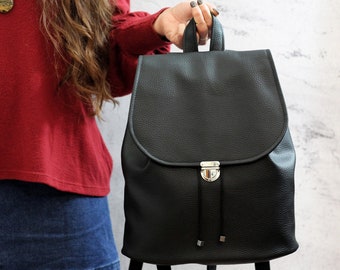 Black 13" vegan backpack. Black bucket backpack. Women laptop backpack