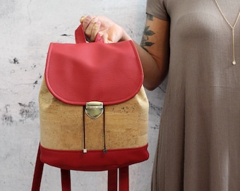 Natural cork backpack. Red and cork  vegan bucket backpack.