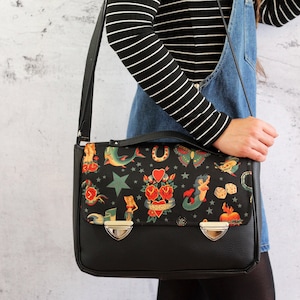 Black messenger bag 13&quot; Sailor Jerry. Laptop satchel bag. Crossbody vegan bag.