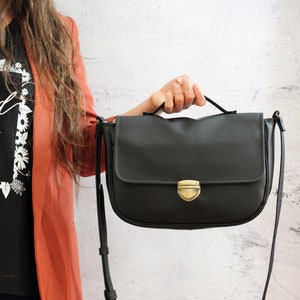 Black satchel bag with bronze snap button. Crossbody vegan bag. Small messenger bag with pocket