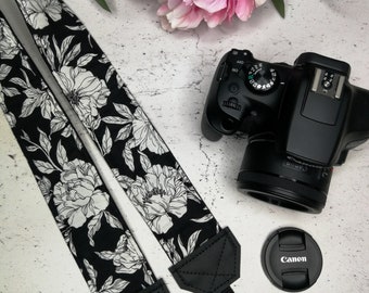 Black and white floral peonies camera strap. Padded reflex camera strap. Vegan camera strap