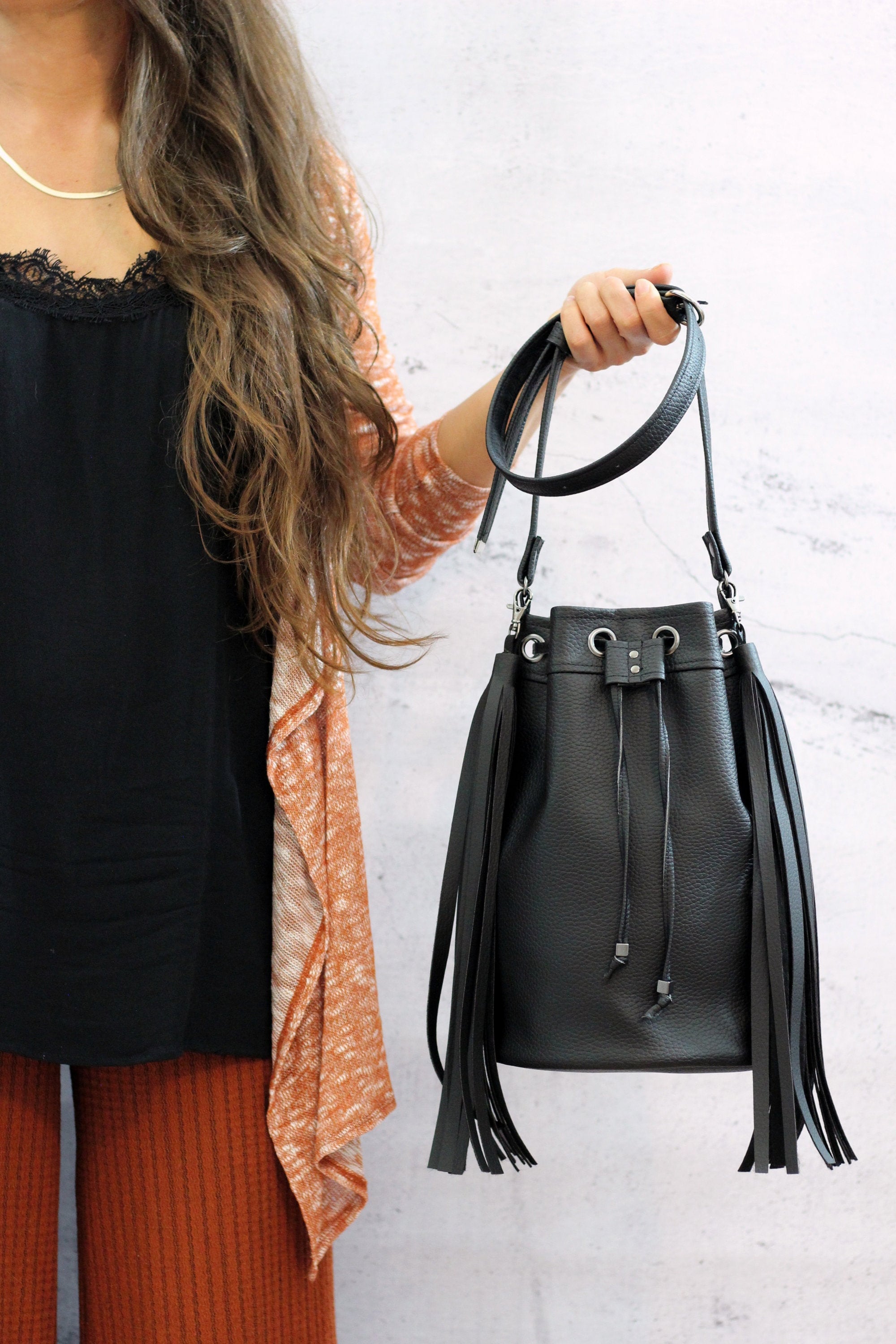 leather fringe bucket bag