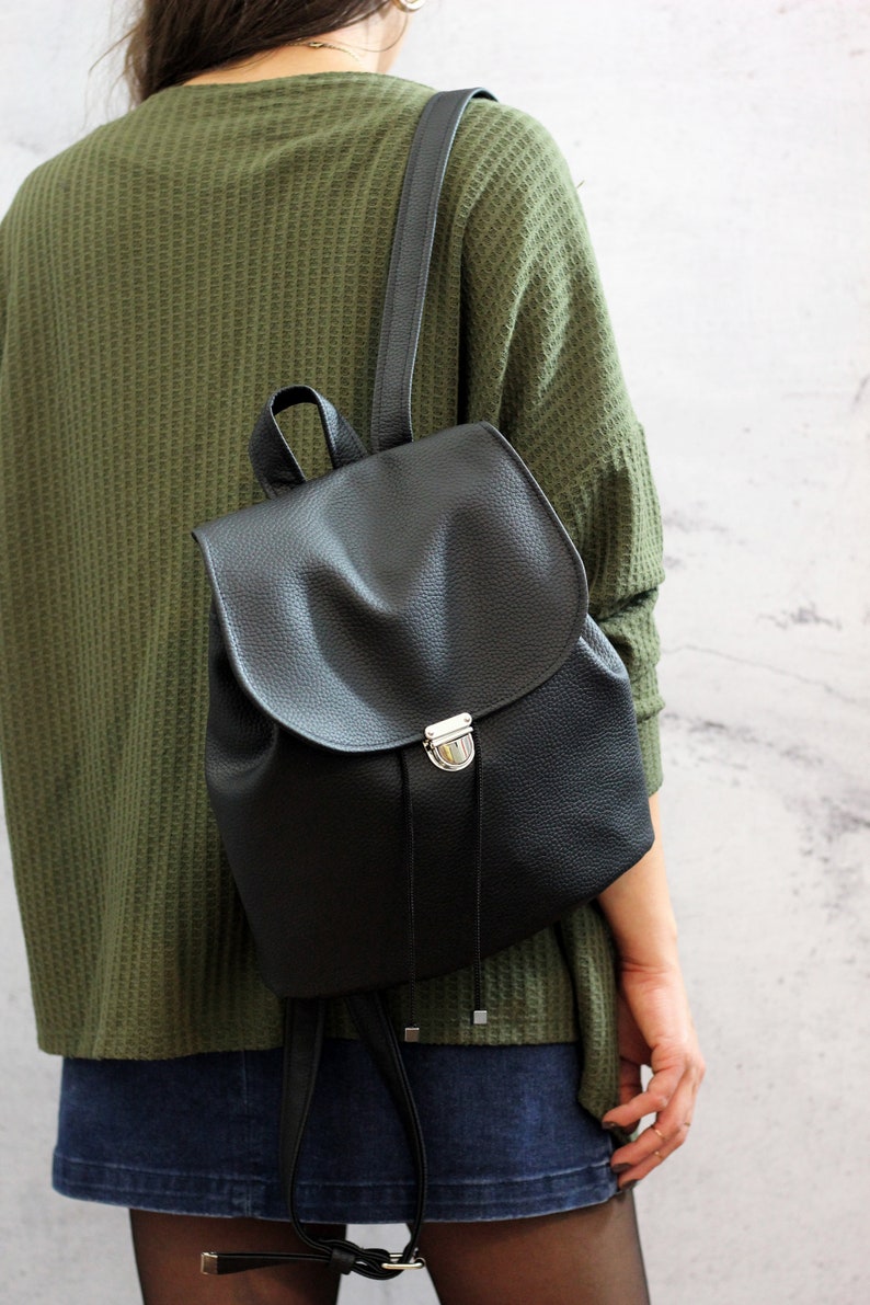 Black vegan backpack. Black bucket backpack. Women backpack purse image 4