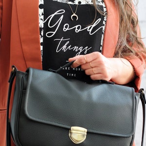 Black satchel bag with bronze snap button. Crossbody vegan bag. Small messenger bag with pocket image 5