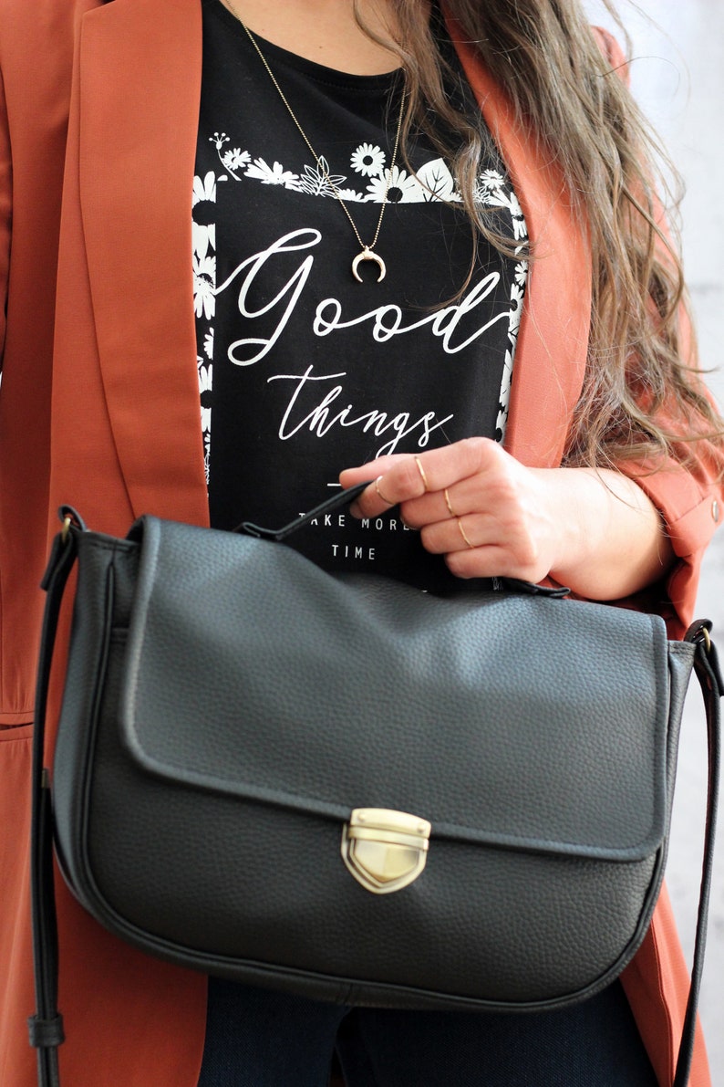 Black satchel bag with bronze snap button. Crossbody vegan bag. Small messenger bag with pocket image 5