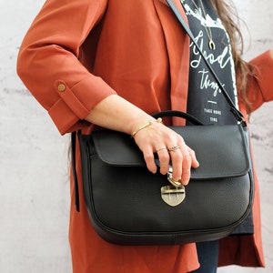 Black satchel bag with bronze snap button. Crossbody vegan bag. Small messenger bag with pocket image 8