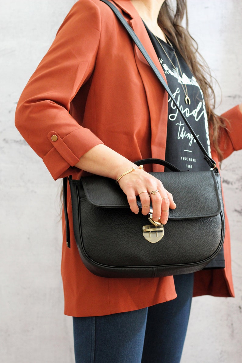 Black satchel bag with bronze snap button. Crossbody vegan bag. Small messenger bag with pocket image 8