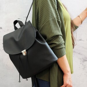 Black vegan backpack. Black bucket backpack. Women backpack purse image 3