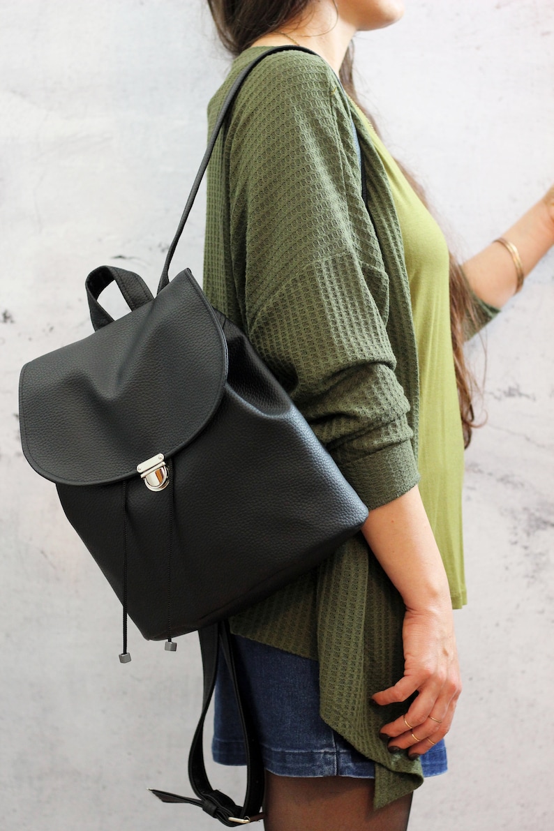 Black vegan backpack. Black bucket backpack. Women backpack purse image 3