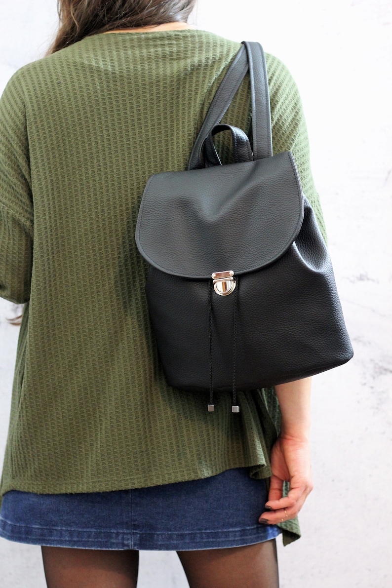 Black vegan backpack. Black bucket backpack. Women backpack purse image 7