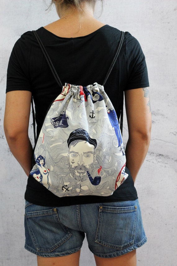 Zaino a sacca in tessuto giapponese con marinaio e sirena. | Etsy Italia