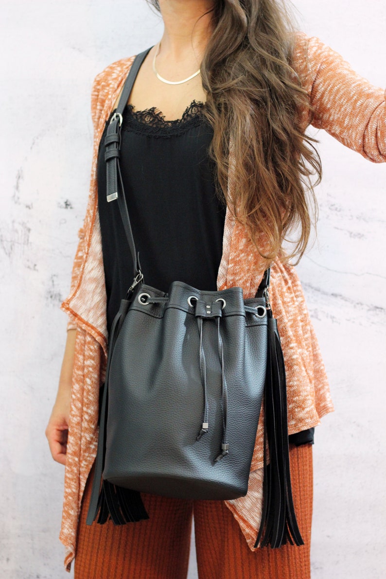 Fringe Bucket Bag in Black main image 1