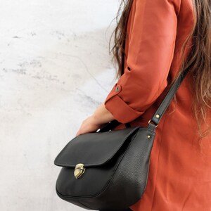 Black satchel bag with bronze snap button. Crossbody vegan bag. Small messenger bag with pocket image 7