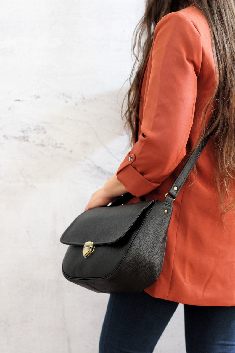 Black satchel bag with bronze snap button. Crossbody vegan bag. Small messenger bag with pocket image 7