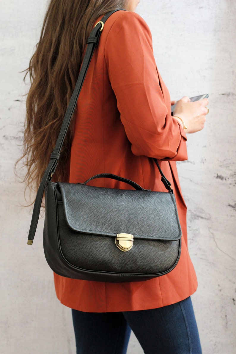 Black satchel bag with bronze snap button. Crossbody vegan bag. Small messenger bag with pocket image 3