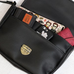 Black satchel bag with bronze snap button. Crossbody vegan bag. Small messenger bag with pocket image 10