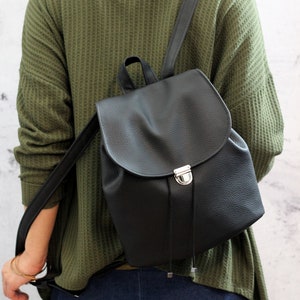 Black vegan backpack. Black bucket backpack. Women backpack purse image 5