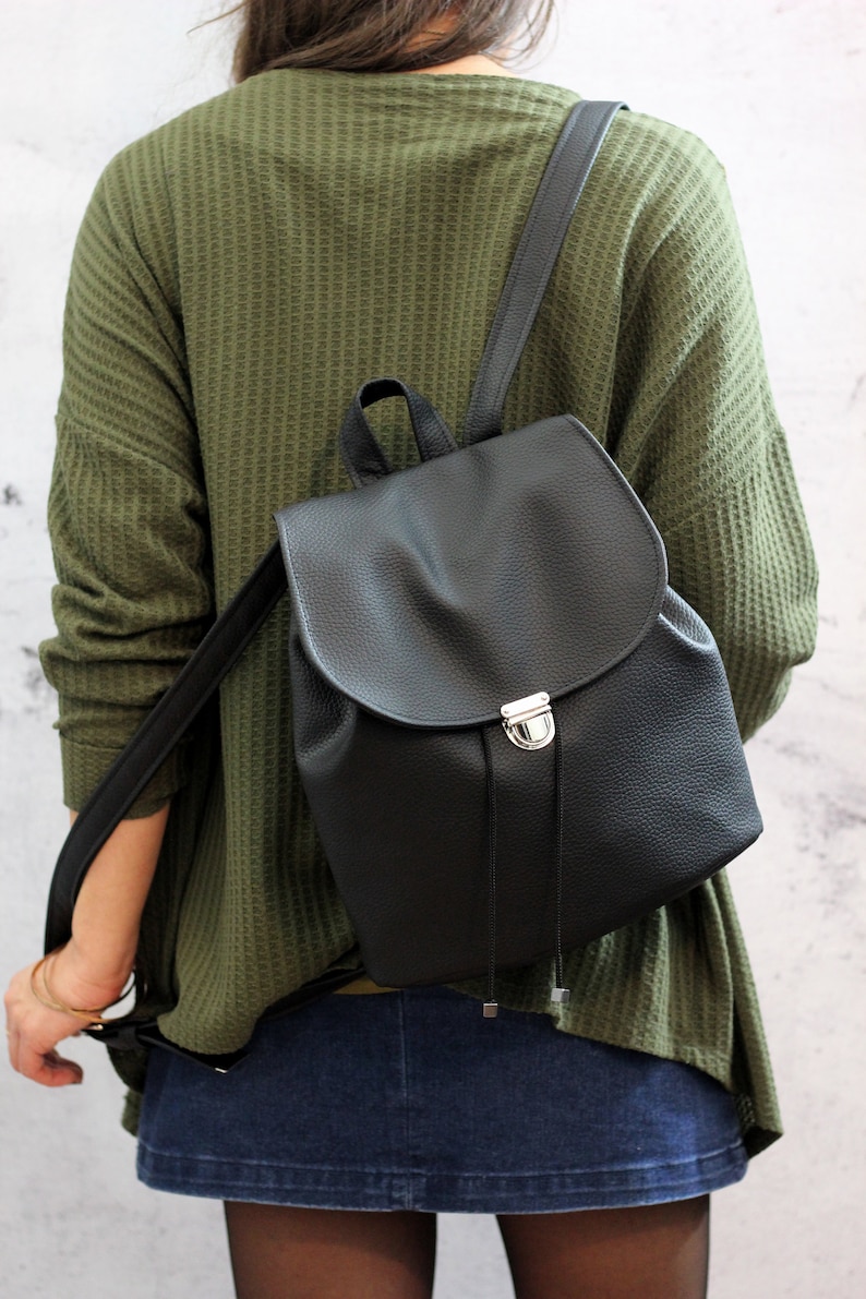 Black vegan backpack. Black bucket backpack. Women backpack purse image 5