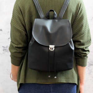 Black vegan backpack. Black bucket backpack. Women backpack purse image 2