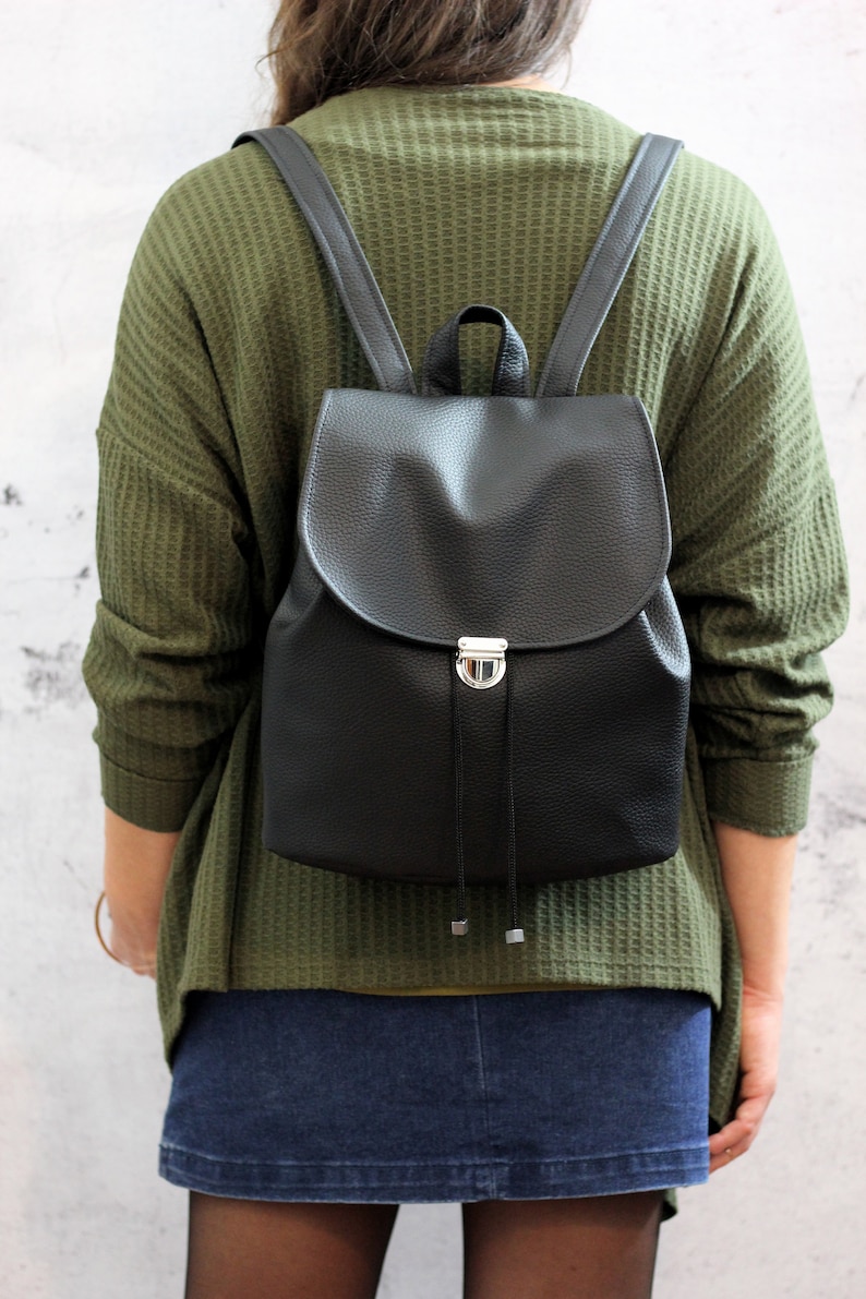 Black vegan backpack. Black bucket backpack. Women backpack purse image 2