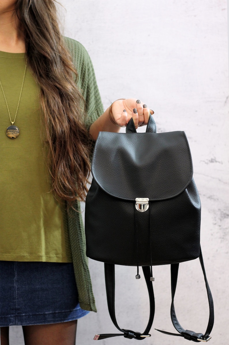 Black vegan backpack. Black bucket backpack. Women backpack purse 